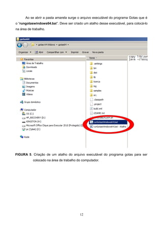 Ao se abrir a pasta amarela surge o arquivo executável do programa Gotas que é
o “rungotaswindows64.bat”. Deve ser criado um atalho desse executável, para colocá-lo
na área de trabalho.
FIGURA 5. Criação de um atalho do arquivo executável do programa gotas para ser
colocado na área de trabalho do computador.
12
 