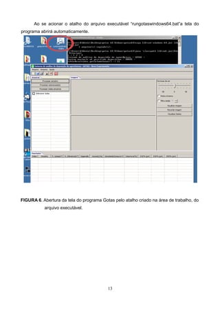 Ao se acionar o atalho do arquivo executável “rungotaswindows64.bat”a tela do
programa abrirá automaticamente.
FIGURA 6. Abertura da tela do programa Gotas pelo atalho criado na área de trabalho, do
arquivo executável.
13
 