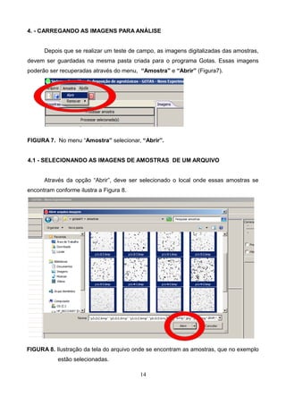 4. - CARREGANDO AS IMAGENS PARA ANÁLISE
Depois que se realizar um teste de campo, as imagens digitalizadas das amostras,
devem ser guardadas na mesma pasta criada para o programa Gotas. Essas imagens
poderão ser recuperadas através do menu, “Amostra” e “Abrir” (Figura7).
FIGURA 7. No menu “Amostra” selecionar, “Abrir”.
4.1 - SELECIONANDO AS IMAGENS DE AMOSTRAS DE UM ARQUIVO
Através da opção “Abrir”, deve ser selecionado o local onde essas amostras se
encontram conforme ilustra a Figura 8.
FIGURA 8. Ilustração da tela do arquivo onde se encontram as amostras, que no exemplo
estão selecionadas.
14
 