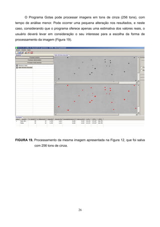 O Programa Gotas pode processar imagens em tons de cinza (256 tons), com
tempo de análise menor. Pode ocorrer uma pequena alteração nos resultados, e neste
caso, considerando que o programa oferece apenas uma estimativa dos valores reais, o
usuário deverá levar em consideração o seu interesse para a escolha da forma de
processamento da imagem (Figura 19).
FIGURA 19. Processamento da mesma imagem apresentada na Figura 12, que foi salva
com 256 tons de cinza.
26
 