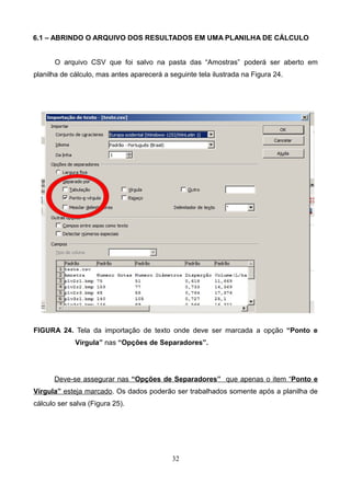 6.1 – ABRINDO O ARQUIVO DOS RESULTADOS EM UMA PLANILHA DE CÁLCULO
O arquivo CSV que foi salvo na pasta das “Amostras” poderá ser aberto em
planilha de cálculo, mas antes aparecerá a seguinte tela ilustrada na Figura 24.
FIGURA 24. Tela da importação de texto onde deve ser marcada a opção “Ponto e
Vírgula” nas “Opções de Separadores”.
Deve-se assegurar nas “Opções de Separadores” que apenas o item “Ponto e
Vírgula” esteja marcado. Os dados poderão ser trabalhados somente após a planilha de
cálculo ser salva (Figura 25).
32
 
