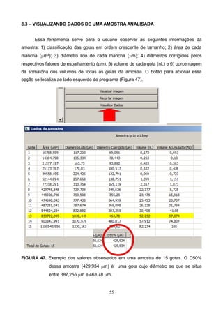 8.3 – VISUALIZANDO DADOS DE UMA AMOSTRA ANALISADA
Essa ferramenta serve para o usuário observar as seguintes informações da
amostra: 1) classificação das gotas em ordem crescente de tamanho; 2) área de cada
mancha (mm²); 3) diâmetro lido de cada mancha (mm); 4) diâmetros corrigidos pelos
respectivos fatores de espalhamento (mm); 5) volume de cada gota (nL) e 6) porcentagem
da somatória dos volumes de todas as gotas da amostra. O botão para acionar essa
opção se localiza ao lado esquerdo do programa (Figura 47).
FIGURA 47. Exemplo dos valores observados em uma amostra de 15 gotas. O D50%
dessa amostra (429,934 mm) é uma gota cujo diâmetro se que se situa
entre 387,255 mm e 463,78 mm.
55
 