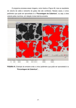 O programa processa essas imagens, como ilustra a Figura 48, mas os resultados
de volume de calda e tamanho de gotas não são confiáveis. Nesses casos, o único
parâmetro que pode ser aproveitado é a “Porcentagem de Cobertura”, ou seja, a área
coberta pelas manchas, em relação à área total da amostra.
FIGURA 41. Exemplo de amostra onde o único parâmetro que pode ser aproveitado é a
“Porcentagem de Cobertura”.
57
 