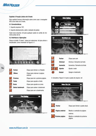 14
www.multilaser.com.br
Capítulo 5 Função Leitura de E-book
Este capítulo fornece informação sobre como usar o navegador
GPS como leitor de E-book.
5.1 Características
1. Suporta arquivos. TXT;
2. Suporta deslizamento, salto e seleção de pastas
Copie seus arquivos .txt para qualquer pasta no cartão de me-
mória antes de ler.
5.2 Interfaces e Operações
Clique no botão “E-book”; clique em selecionar .txt para ativar e
visualizador, como mostrado na Figura 5-1:
Figura 5-1
Fechar		 Clique para fechar o e-Reader.
Último		 Clique para retornar á página 	
			 anterior
Próximo		 Clique para ler a próxima página
Fonte		 Clique para ajustar a fonte
Cores 		 Clique para ajustar as cores
Salvar bookmark	 Clique para salvar a bookmark
			 Clique para ver a bookmarks
Figura 5-2
Figura 5-3
Figura 5-4
Fechar	 Clique para sair
Diminuir 	 Diminui o Tamanho da fonte
Aumenta 	 Aumenta o Tamanho da fonte
Ajustar	 Ajusta o valor
	 Apagar	 Apagar a bookmark
3. Consulte a Figura 5-5 para a pasta de arquivo .txt
Figura 5-5
Fechar		 Clique para fechar a pasta atual.
Página anterior	 Mostra o conteúdo da página
			 anterior.
Próxima página	 Mostra o conteúdo da próxima
			 página.
 