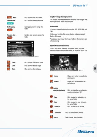 GPS tracker TV 7”
29
Back		 Click to show files of a folder
Elapsed time		 Click to show the elapsed time
Cycling play		 Cycling play current songs of a 	
			 folder
Random play	 	 Random play current songs of a 	
			 folder
Figure 3-2
Close		 Click to close the current folder
Last		 Click to show the last page
Next		 Click to show the next page
Chapter 4 Image Viewing Function
This chapter provides information on how to view images with
the image viewer of the GPS navigator.
4.1 Features
1. Support images featuring formats like JPG, JPEG, BMP and
PNG.
2. Allow you to rotate, full screen display and automatically
display all images.
Please copy your image files to any folder in the memory card
before viewing.
4.2 Interfaces and Operations
1. Click the “Photo” button in the system menu; click the
selected image to activate the viewer, as shown in Figure 4-1.
Figura 4-1
Fechar	 	 Clique para fechar o visualizador 	
			 de imagens
Ocultar 	 	 Clique para ocultar a barra de 	
			 ferramentas
Rotate
counterclockwise 	 Click to rotate the current picture 	
			 counterclockwise of 90°
Last	 	 Click to view the last picture in 	
			 the same folder
Next	 	 Click to view the next picture in 	
			 the same folder
Zoom in	 	 Click to zoom in the picture
Zoom out	 Click to zoom out the picture
Back	 Click to show files of a folder
 