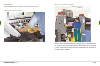 Riscos de Acidentes
Orientar os trabalhadores a utilizar um empurrador para o acerto das resmas na guilhotina.
figura 20 utilização de empurrador na guilhotina
figura 21 roteiro de limpeza dos rolos das máquinas
Os rolos das máquinas precisam estar parados durante a operação de limpeza, e o operador deve acionar o
giro para acessar as partes a serem limpas. Nesta operação, os trabalhadores devem usar luvas impermeáveis
e resistentes a solventes orgânicos. A limpeza com os rolos em movimento pode causar o esmagamento das
mãos devido ao ponto de convergência.
128 | 129manual de segurança e saúde no trabalho Indústria Gráfica
 