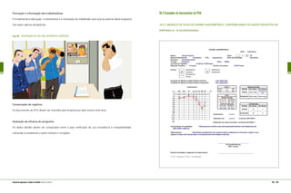 Formação e informação dos trabalhadores
É fundamental a educação, o treinamento e a motivação do trabalhador para que as práticas deste programa
não sejam apenas obrigatórias.
figura 29 orientação do uso dos protetores auditivos
Conservação de registros
Os documentos do PCA devem ser mantidos pela empresa por pelo menos vinte anos.
Avaliação da eficácia do programa
Os dados obtidos devem ser comparados entre si para verificação de sua consistência e compatibilidade,
indicando os problemas a serem revistos e corrigidos.
10.3 Exemplos de documentos do PCA
10.3.1 MODELO DE FICHA DE EXAME AUDIOMÉTRICO, CONTEMPLANDO OS DADOS DESCRITOS NA
PORTARIA N. 19 (AUDIOGRAMA)
164 | 165manual de segurança e saúde no trabalho Indústria Gráfica
 