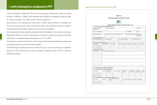 178 | 179manual de segurança e saúde no trabalho Indústria Gráfica
13 perfil profissiográfico previdenciário (PPP)
O Perfil Profissiográfico Previdenciário (PPP) foi criado pela Legislação Previdenciária, através da Instrução
Normativa – IN INSS/DC n. 78/2002, sendo modificado pela IN 99/2003, que estabelece sua vigência a partir
de 1º de janeiro de 2004, e seu modelo, conforme Anexo XV (Quadro 42).
Este documento é uma declaração da empresa sobre o histórico laboral individual do trabalhador, que
reúne, entre outras informações, dados administrativos, registros das condições do ambiente de trabalho e
monitoramento biológico durante o período em que ele exerceu suas atividades.
As informações administrativas são obtidas dos dados cadastrais do trabalhador, no setor de Recursos Humanos,
Departamento Pessoal ou Contador. O preenchimento dos dados de monitoramento biológico é subsidiado
pelo PCMSO, e as condições ambientais são expressas no LTCAT e no PPRA.
O representante da empresa é quem assina o PPP, informando nome e registro dos profissionais responsáveis
pelos registros ambientais e pela monitoramento biológico.
O Perfil Profissiográfico Previdenciário deverá ser emitido em duas vias, com cópia autêntica para o trabalhador,
sempre que houver encerramento do contrato de trabalho, solicitação de licença no INSS ou pedido de
aposentadoria especial.
quadro 42 perfil profissiográfico previdenciário (PPP)
 