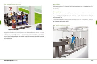 figura 12 estoque de embalagens para descarte
As embalagens vazias de produtos químicos e os panos sujos utilizados na limpeza das máquinas, assim como
resíduos líquidos provenientes dos processos de pré-impressão, impressão e limpeza, devem ser armazenados
em local próprio fora da área produtiva, até que sejam retirados por uma empresa especializada e licenciada
pelo órgão ambiental.
Riscos Biológicos
A manutenção dos filtros do ar condicionado deve ser feita periodicamente, com a finalidade de evitar a con-
taminação do ar.
Riscos Ergonômicos
Orientar os trabalhadores que realizam suas atividades continuamente na posição em pé a utilizar as dife-
renças de níveis da parte inferior da máquina, ou providenciar um suporte de aproximadamente 30 cm para
apoio alternado dos pés.
É também recomendado disponibilizar para estes trabalhadores, assentos para descanso em locais que possam
ser utilizados por todos durante as pausas.
figura 13 apoio dos pés para descanso da coluna
120 | 121manual de segurança e saúde no trabalho Indústria Gráfica
 