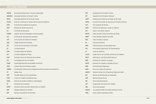 LISTA DE SIGLAS E ABREVIATURAS
ABESO	 Associação Brasileira para o Estudo da Obesidade	
ABIGRAF	 Associação Brasileira da Indústria Gráfica	
ABTG	 Associação Brasileira de Tecnologia Gráfica	
ACGIH	 American Conference of Governmental Industrial Hygienists
AIDS	 Acquired Immunodeficiency Syndrome	
ASO	 Atestado de Saúde Ocupacional	
CA	 Certificado de Aprovação
CAGED	 Cadastro Geral de Empregados e Desempregados
CAI	 Certificado de Aprovação de Instalações	
CAT	 Comunicação de Acidente do Trabalho	
CBO	 Código Brasileiro de Ocupação	
CDI	 Centro de Documentação e Informação	
CE	 Comissão Eleitoral	
CFM	 Conselho Federal de Medicina
CIP	 Controle Integrado de Pragas	
CIPA	 Comissão Interna de Prevenção de Acidentes	
CLT	 Consolidação das Leis do Trabalho	
CNAE	 Classificação Nacional de Atividades Econômicas	
CNPJ	 Cadastro Nacional de Pessoa Jurídica	
CORDE	 Coordenadoria Nacional para Integração da Pessoa Portadora de Deficiência
CP	 Código Penal	
CRFa
	 Conselho Regional de Fonoaudiologia	
CTPS	 Carteira de Trabalho Previdência Social	
DAM	 Diretoria de Assistência Médica e Odontológica	
DI	 Declaração das Instalações	
DORT	 Distúrbios Osteomusculares Relacionados ao Trabalho
DRT	 Delegacia Regional do Trabalho	
DST	 Doenças Sexualmente Transmissíveis	
EPC	 Equipamento de Proteção Coletiva	
EPI	 Equipamento de Proteção Individual	
FIESP	 Federação das Indústrias do Estado de São Paulo	
FISPQ	 Ficha de Informações de Segurança de Produtos Químicos
GLP	 Gás Liquefeito de Petróleo	
GSST	 Gerência de Segurança e Saúde no Trabalho	
HA	 Hipuric Acid (Ácido Hipúrico)	
IBUTG	 Índice de Bulbo Úmido Termômetro de Globo	
IBMP	 Índice Biológico Máximo Permitido	
IMC	 Índice de Massa Corpórea	
IN	 Instrução Normativa	
INSS	 Instituto Nacional de Seguridade Social	
ISO	 International Organization for Standardization		
LT	 Limite de Tolerância	
LTCAT	 Laudo Técnico de Condições Ambientais do Trabalho
MHA	 Metil Hipuric Acid (Ácido Metil Hipúrico)
MTE	 Ministério do Trabalho e Emprego	
MTPS	 Ministério do Trabalho e Previdência Social	
NBR	 Norma Brasileira Registrada	
NHO	 Norma de Higiene Ocupacional	
NIOSH	 National Institute for Occupational Safety and Health	
NIT	 Número de Identificação do Trabalhador	
NPS	 Nível de Pressão Sonora	
NR	 Norma Regulamentadora	
OIT	 Organização Internacional do Trabalho
ORL	 Otorrinolaringologia	
OSHAS	 Occupational Health and Safety Assessment Series	
PAIR	 Perda Auditiva Induzida por Ruído	
10 | 11manual de segurança e saúde no trabalho Indústria Gráfica
 
