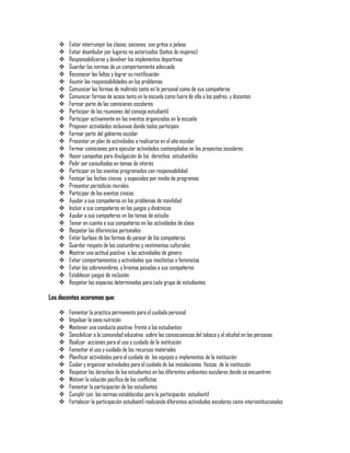 

































Evitar interrumpir las clases, sesiones con gritos o peleas
Evitar deambular por lugares no autorizados (baños de mujeres)
Responsabilizarse y devolver los implementos deportivos
Guardar las normas de un comportamiento adecuado
Reconocer las faltas y lograr su rectificación
Asumir las responsabilidades en los problemas
Comunicar las formas de maltrato tanto en lo personal como de sus compañeros
Comunicar formas de acoso tanto en la escuela como fuera de ella a los padres, y docentes
Formar parte de las comisiones escolares
Participar de las reuniones del consejo estudiantil
Participar activamente en los eventos organizados en la escuela
Proponer actividades inclusivas donde todos participen
Formar parte del gobierno escolar
Presentar un plan de actividades a realizarse en el año escolar
Formar comisiones para ejecutar actividades contempladas en los proyectos escolares
Hacer campañas para divulgación de los derechos estudiantiles
Pedir ser consultados en temas de interés
Participar en los eventos programados con responsabilidad
Festejar las fechas cívicas y especiales por medio de programas
Presentar periódicos murales
Participar de los eventos cívicos
Ayudar a sus compañeros en los problemas de movilidad
Incluir a sus compañeros en los juegos y dinámicas
Ayudar a sus compañeros en los temas de estudio
Tomar en cuenta a sus compañeros en las actividades de clase
Respetar las diferencias personales
Evitar burlase de las formas de pensar de los compañeros
Guardar respeto de las costumbres y vestimentas culturales
Mostrar una actitud positiva a las actividades de género
Evitar comportamientos y actividades que machistas o feministas
Evitar los sobrenombres, y bromas pesadas a sus compañeros
Establecer juegos de inclusión
Respetar los espacios determinados para cada grupo de estudiantes

Los docentes acoramos que:














Fomentar la practica permanente para el cuidado personal
Impulsar la sana nutrición
Mantener una conducta positiva frente a los estudiantes
Sensibilizar a la comunidad educativa sobre las consecuencias del tabaco y el alcohol en las personas
Realizar acciones para el uso y cuidado de la institución
Fomentar el uso y cuidado de los recursos materiales
Planificar actividades para el cuidado de los equipos e implementos de la institución
Cuidar y organizar actividades para el cuidado de las instalaciones físicas de la institución
Respetar los derechos de los estudiantes en los diferentes ambientes escolares donde se encuentren
Motivar la solución pacifica de los conflictos
Fomentar la participación de los estudiantes
Cumplir con las normas establecidas para la participación estudiantil
Fortalecer la participación estudiantil realizando diferentes actividades escolares como interinstitucionales

 