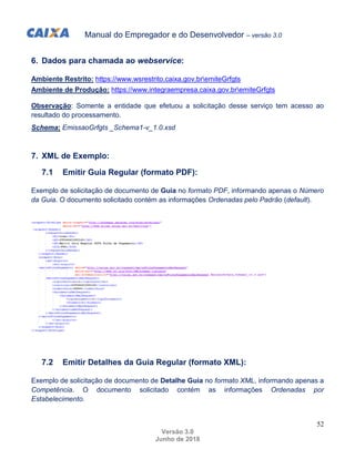 Manual do Empregador e do Desenvolvedor – versão 3.0
52
Versão 3.0
Junho de 2018
6. Dados para chamada ao webservice:
Ambi...