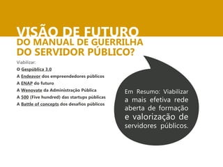 VISÃO DE FUTURO DO MANUAL DE GUERRILHA 
DO SERVIDOR PÚBLICO? 
Viabilizar: 
O Gespública 3.0 
A Endeavor dos empreendedores públicos 
A ENAP do futuro 
A Wenovate da Administração Pública 
A 500 (Five hundred) das startups públicas 
A Battle of concepts dos desafios públicos 
Em Resumo: Viabilizar 
a mais efetiva rede 
aberta de formação 
e valorização de 
servidores públicos. 
 