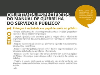 OBJETIVOS ESPECÍFICOS DO MANUAL DE GUERRILHA 
DO SERVIDOR PÚBLICO? 
Entregas à sociedade e o papel de servir ao público 
- Ampliar a consciência dos servidores públicos quanto ao seu papel (propósito de 
valor) e ao de sua respectiva organização; 
- Ampliar a percepção dos servidores quanto à relação entre as necessidades 
(explícitas e implícitas) dos usuários de seus serviços e a entrega que é efetivamente 
realizada; 
- Propiciar experiências ao servidor que permitam a expansão de sua consciência 
social, política e econômica; 
- Preparar o servidor público para lidar com os desafios e oportunidades de uma 
sociedade globalizada, pluripartidária e informatizada; 
- Preparar o servidor público para lidar apropriadamente com os diversos tipos de 
conflitos de interesse que surgem (ou que podem vir a surgir) no dia-a-dia de seu 
trabalho; 
- Preparar o servidor público para que esteja apto para prestar contas de suas 
atividades, independentemente de haver ou não cobrança superior ou social nesse 
sentido; 
- etc. 
Assim como os 
trabalhadores da 
iniciativa privada, 
servidores públicos 
não se resumem a 
números. 
EIXO 1 
 