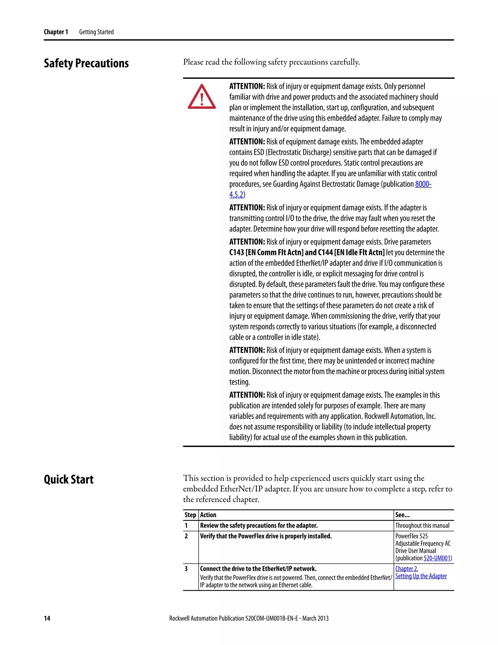 14 Rockwell Automation Publication 520COM-UM001B-EN-E - March 2013
Chapter 1 Getting Started
Safety Precautions Please read the following safety precautions carefully.
Quick Start This section is provided to help experienced users quickly start using the
embedded EtherNet/IP adapter. If you are unsure how to complete a step, refer to
the referenced chapter.
ATTENTION: Risk of injury or equipment damage exists. Only personnel
familiar with drive and power products and the associated machinery should
plan or implement the installation, start up, configuration, and subsequent
maintenance of the drive using this embedded adapter. Failure to comply may
result in injury and/or equipment damage.
ATTENTION: Risk of equipment damage exists. The embedded adapter
contains ESD (Electrostatic Discharge) sensitive parts that can be damaged if
you do not follow ESD control procedures. Static control precautions are
required when handling the adapter. If you are unfamiliar with static control
procedures, see Guarding Against Electrostatic Damage (publication 8000-
4.5.2)
ATTENTION: Risk of injury or equipment damage exists. If the adapter is
transmitting control I/O to the drive, the drive may fault when you reset the
adapter. Determine how your drive will respond before resetting the adapter.
ATTENTION: Risk of injury or equipment damage exists. Drive parameters
C143[ENCommFltActn]andC144[ENIdleFltActn]letyoudeterminethe
action of the embedded EtherNet/IP adapter and drive if I/O communication is
disrupted, the controller is idle, or explicit messaging for drive control is
disrupted.Bydefault,theseparametersfaultthedrive.Youmayconfigurethese
parameters so that the drive continues torun, however, precautions should be
taken to ensure that the settings of these parameters do not create a risk of
injury or equipment damage. When commissioning the drive, verify that your
system responds correctly to various situations (for example, a disconnected
cable or a controller in idle state).
ATTENTION: Risk of injury or equipment damage exists. When a system is
configured for the first time, there may be unintended or incorrect machine
motion.Disconnectthemotorfromthemachineorprocessduringinitialsystem
testing.
ATTENTION: Risk of injury or equipment damage exists. The examples in this
publication are intended solely for purposes of example. There are many
variables and requirements with any application. Rockwell Automation, Inc.
does not assume responsibility or liability (to include intellectual property
liability) for actual use of the examples shown in this publication.
Step Action See...
1 Review the safety precautions for the adapter. Throughout this manual
2 Verify that the PowerFlex drive is properly installed. PowerFlex 525
Adjustable Frequency AC
Drive User Manual
(publication 520-UM001)
3 Connect the drive to the EtherNet/IP network.
VerifythatthePowerFlexdriveisnotpowered.Then,connecttheembeddedEtherNet/
IP adapter to the network using an Ethernet cable.
Chapter 2,
Setting Up the Adapter
 