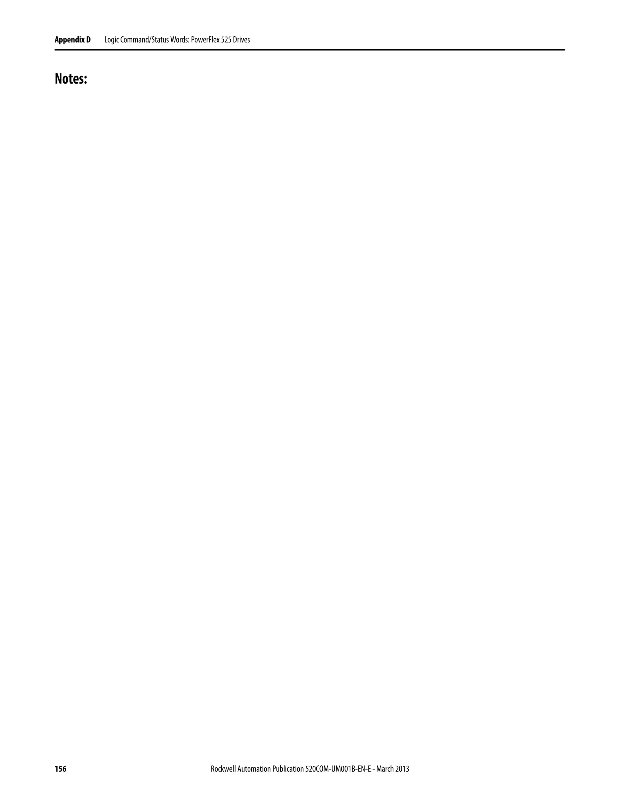 156 Rockwell Automation Publication 520COM-UM001B-EN-E - March 2013
Appendix D Logic Command/Status Words: PowerFlex 525 Drives
Notes:
 