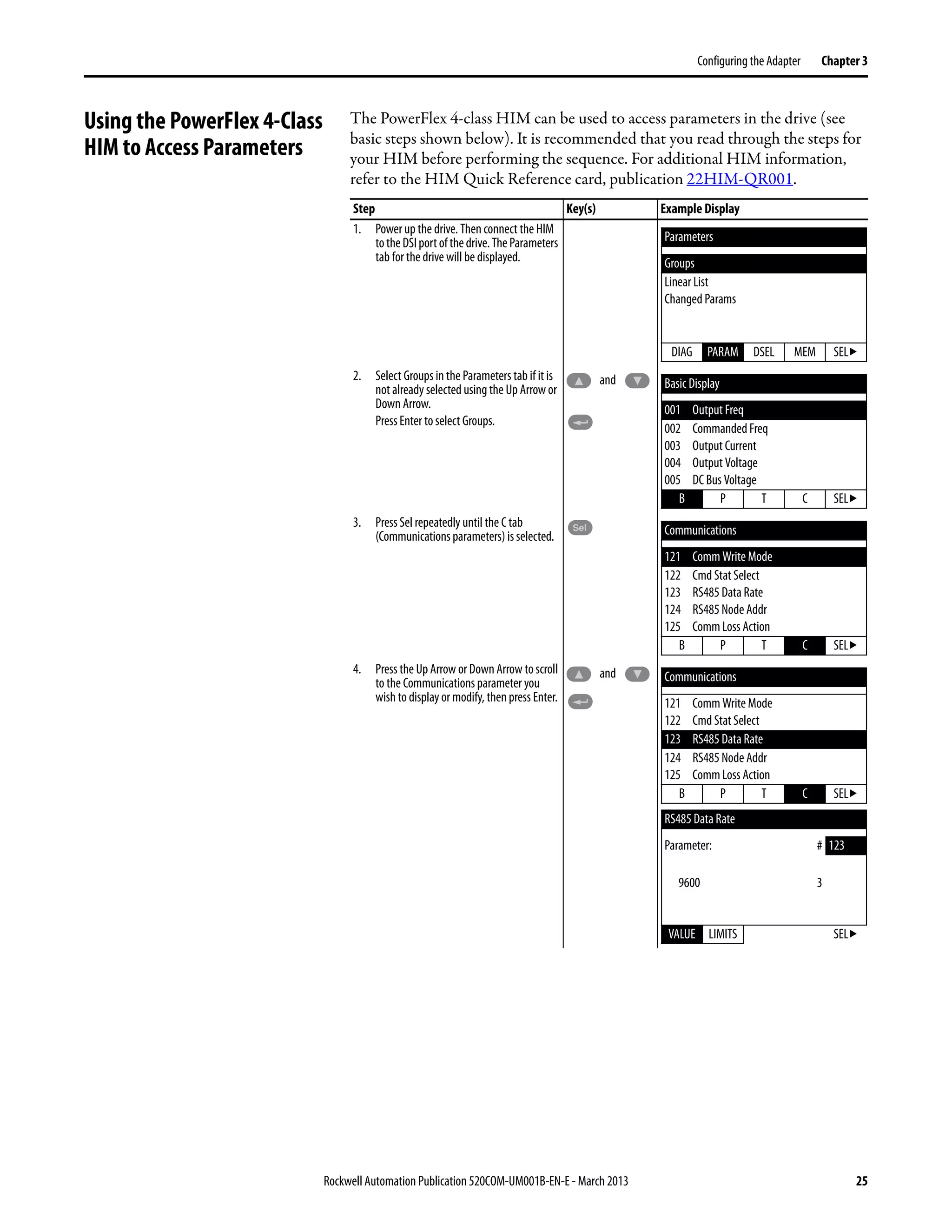 Rockwell Automation Publication 520COM-UM001B-EN-E - March 2013 25
Configuring the Adapter Chapter 3
Using the PowerFlex 4-Class
HIM to Access Parameters
The PowerFlex 4-class HIM can be used to access parameters in the drive (see
basic steps shown below). It is recommended that you read through the steps for
your HIM before performing the sequence. For additional HIM information,
refer to the HIM Quick Reference card, publication 22HIM-QR001.
Step Key(s) Example Display
1. Power up the drive. Then connect the HIM
totheDSIportofthedrive.The Parameters
tab for the drive will be displayed.
2. Select Groups in the Parameters tab if it is
not already selected using the Up Arrow or
Down Arrow.
Press Enter to select Groups.
3. Press Sel repeatedly until the C tab
(Communications parameters) is selected.
4. Press the Up Arrow or Down Arrow to scroll
to the Communications parameter you
wish to display or modify, then press Enter.
Parameters
Groups
Linear List
Changed Params
DIAG PARAM DSEL MEM SEL
and Basic Display
001 Output Freq
002 Commanded Freq
003 Output Current
004 Output Voltage
005 DC Bus Voltage
B P T C SEL
Sel Communications
121 Comm Write Mode
122 Cmd Stat Select
123 RS485 Data Rate
124 RS485 Node Addr
125 Comm Loss Action
B P T C SEL
and Communications
121 Comm Write Mode
122 Cmd Stat Select
123 RS485 Data Rate
124 RS485 Node Addr
125 Comm Loss Action
B P T C SEL
RS485 Data Rate
Parameter: # 123
9600 3
VALUE LIMITS SEL
 