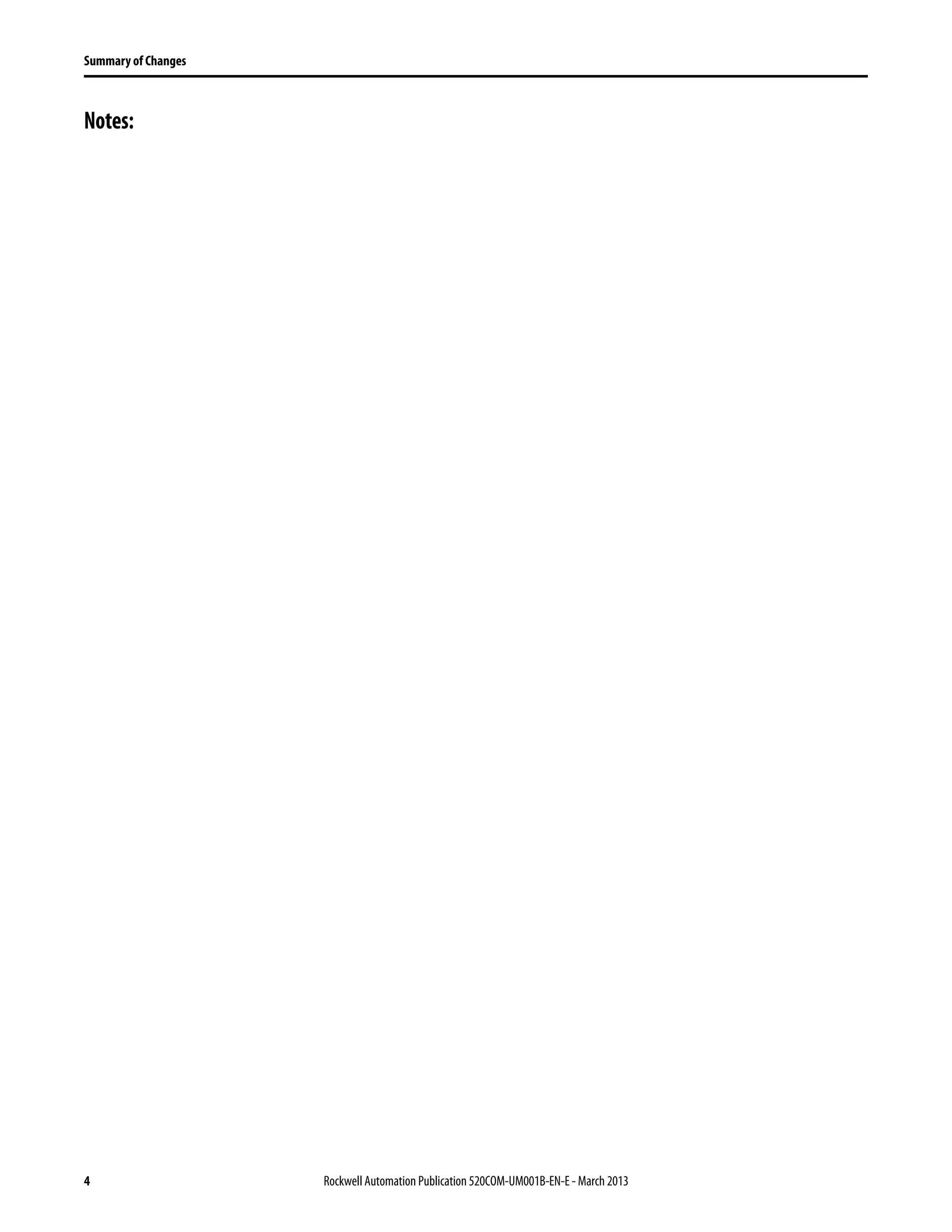 4 Rockwell Automation Publication 520COM-UM001B-EN-E - March 2013
Summary of Changes
Notes:
 