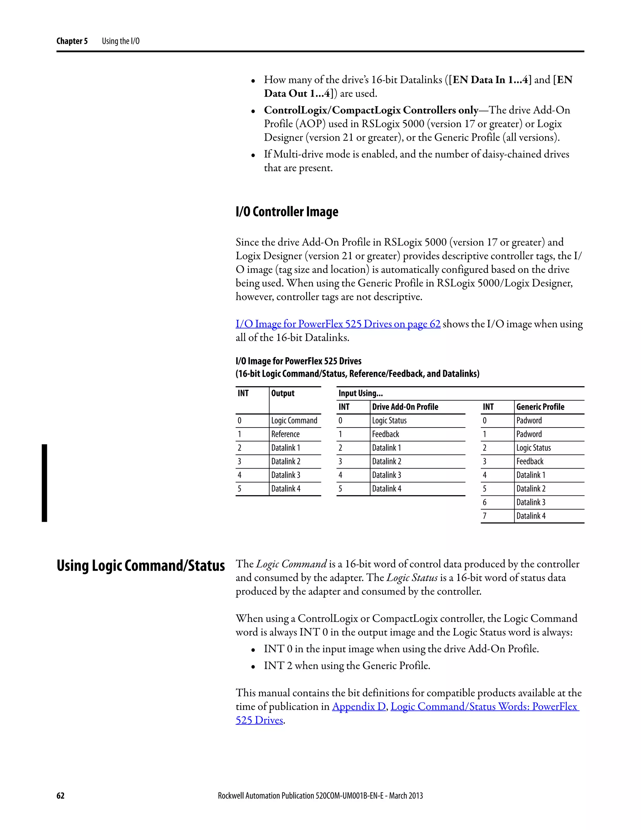 62 Rockwell Automation Publication 520COM-UM001B-EN-E - March 2013
Chapter 5 Using the I/O
• How many of the drive’s 16-bit Datalinks ([EN Data In 1...4] and [EN
Data Out 1...4]) are used.
• ControlLogix/CompactLogix Controllers only—The drive Add-On
Profile (AOP) used in RSLogix 5000 (version 17 or greater) or Logix
Designer (version 21 or greater), or the Generic Profile (all versions).
• If Multi-drive mode is enabled, and the number of daisy-chained drives
that are present.
I/O Controller Image
Since the drive Add-On Profile in RSLogix 5000 (version 17 or greater) and
Logix Designer (version 21 or greater) provides descriptive controller tags, the I/
O image (tag size and location) is automatically configured based on the drive
being used. When using the Generic Profile in RSLogix 5000/Logix Designer,
however, controller tags are not descriptive.
I/O Image for PowerFlex 525 Drives on page 62 shows the I/O image when using
all of the 16-bit Datalinks.
I/O Image for PowerFlex 525 Drives
(16-bit Logic Command/Status, Reference/Feedback, and Datalinks)
Using Logic Command/Status The Logic Command is a 16-bit word of control data produced by the controller
and consumed by the adapter. The Logic Status is a 16-bit word of status data
produced by the adapter and consumed by the controller.
When using a ControlLogix or CompactLogix controller, the Logic Command
word is always INT 0 in the output image and the Logic Status word is always:
• INT 0 in the input image when using the drive Add-On Profile.
• INT 2 when using the Generic Profile.
This manual contains the bit definitions for compatible products available at the
time of publication in Appendix D, Logic Command/Status Words: PowerFlex
525 Drives.
INT Output Input Using...
INT Drive Add-On Profile INT Generic Profile
0 Logic Command 0 Logic Status 0 Padword
1 Reference 1 Feedback 1 Padword
2 Datalink 1 2 Datalink 1 2 Logic Status
3 Datalink 2 3 Datalink 2 3 Feedback
4 Datalink 3 4 Datalink 3 4 Datalink 1
5 Datalink 4 5 Datalink 4 5 Datalink 2
6 Datalink 3
7 Datalink 4
 