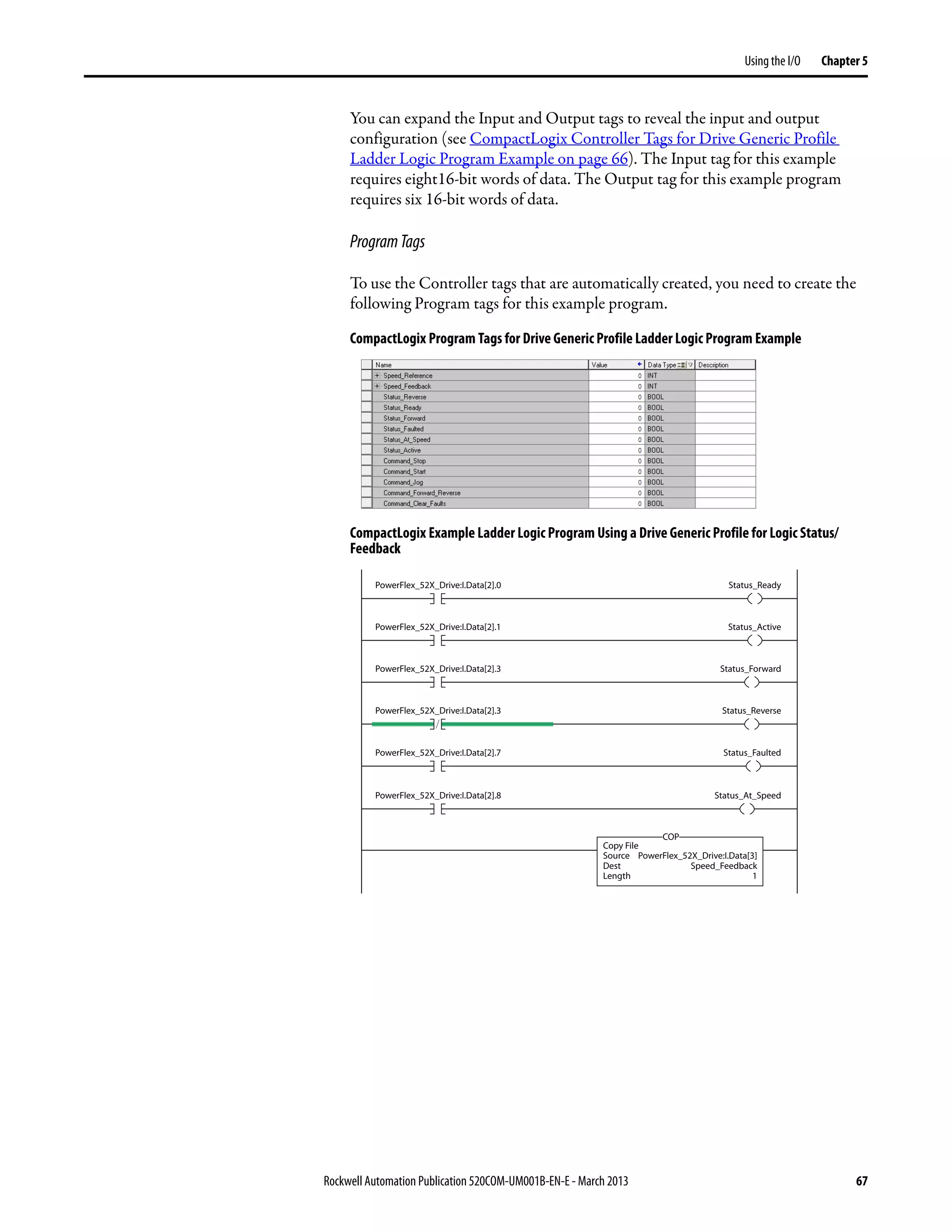 Rockwell Automation Publication 520COM-UM001B-EN-E - March 2013 67
Using the I/O Chapter 5
You can expand the Input and Output tags to reveal the input and output
configuration (see CompactLogix Controller Tags for Drive Generic Profile
Ladder Logic Program Example on page 66). The Input tag for this example
requires eight16-bit words of data. The Output tag for this example program
requires six 16-bit words of data.
ProgramTags
To use the Controller tags that are automatically created, you need to create the
following Program tags for this example program.
CompactLogix Program Tags for Drive Generic Profile Ladder Logic Program Example
CompactLogix Example Ladder Logic Program Using a Drive Generic Profile for Logic Status/
Feedback
Copy File
Source
Dest
Length
PowerFlex_52X_Drive:I.Data[3]
Speed_Feedback
1
COP
PowerFlex_52X_Drive:I.Data[2].0 Status_Ready
PowerFlex_52X_Drive:I.Data[2].1 Status_Active
PowerFlex_52X_Drive:I.Data[2].3 Status_Forward
PowerFlex_52X_Drive:I.Data[2].3 Status_Reverse
PowerFlex_52X_Drive:I.Data[2].7 Status_Faulted
PowerFlex_52X_Drive:I.Data[2].8 Status_At_Speed
 