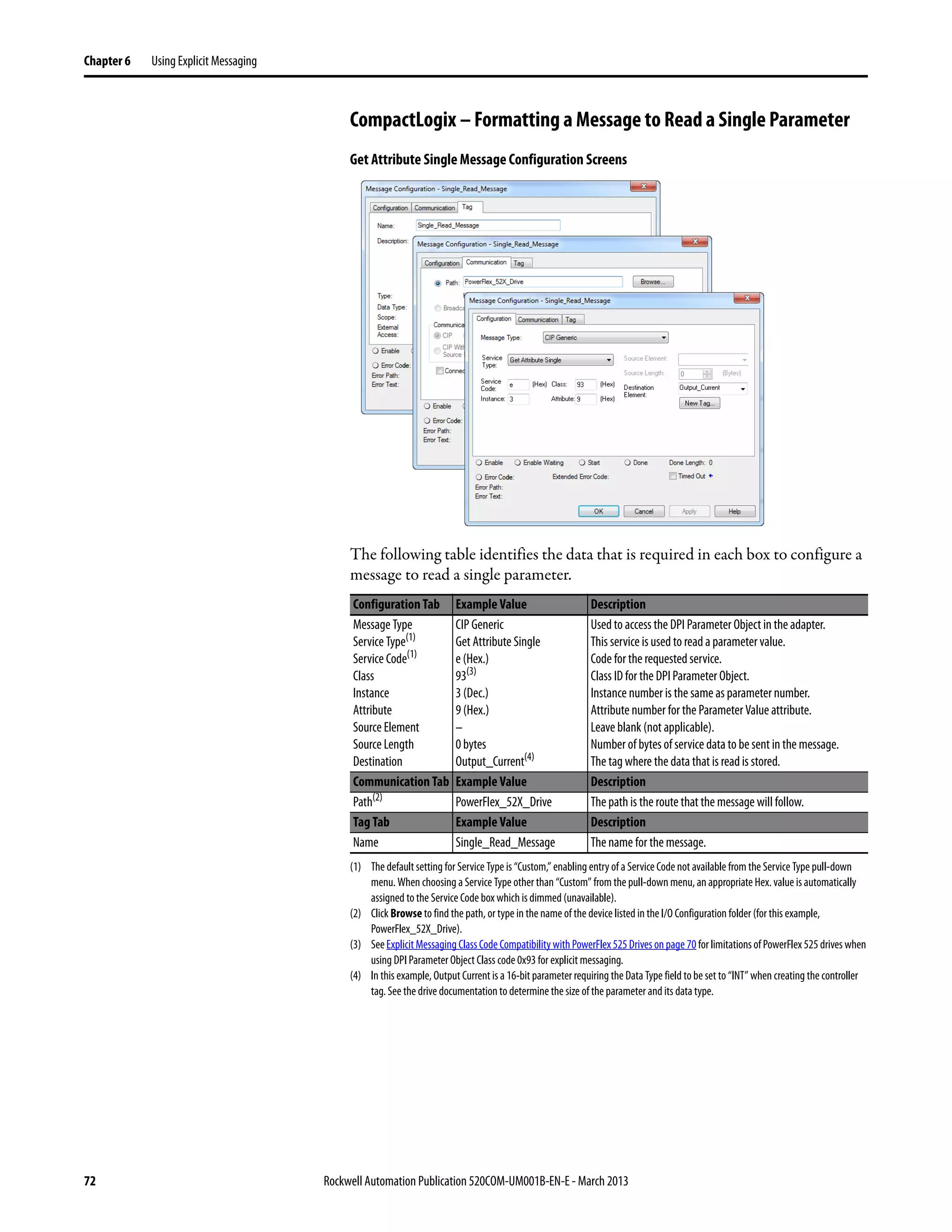 72 Rockwell Automation Publication 520COM-UM001B-EN-E - March 2013
Chapter 6 Using Explicit Messaging
CompactLogix – Formatting a Message to Read a Single Parameter
Get Attribute Single Message Configuration Screens
The following table identifies the data that is required in each box to configure a
message to read a single parameter.
Configuration Tab Example Value Description
Message Type
Service Type(1)
Service Code(1)
Class
Instance
Attribute
Source Element
Source Length
Destination
(1) The default setting for Service Type is “Custom,” enabling entry of a Service Code not available from the Service Type pull-down
menu. When choosing a Service Type other than “Custom” from the pull-down menu, an appropriate Hex. value is automatically
assigned to the Service Code box which is dimmed (unavailable).
CIP Generic
Get Attribute Single
e (Hex.)
93(3)
3 (Dec.)
9 (Hex.)
–
0 bytes
Output_Current(4)
(3) SeeExplicit Messaging Class Code Compatibility withPowerFlex525Drives onpage 70forlimitationsofPowerFlex525drives when
using DPI Parameter Object Class code 0x93 for explicit messaging.
(4) In this example, Output Current is a 16-bit parameter requiring the Data Type field tobe set to “INT” when creating the controller
tag. See the drive documentation to determine the size of the parameter and its data type.
Used to access the DPI Parameter Object in the adapter.
This service is used to read a parameter value.
Code for the requested service.
Class ID for the DPI Parameter Object.
Instance number is the same as parameter number.
Attribute number for the Parameter Value attribute.
Leave blank (not applicable).
Number of bytes of service data to be sent in the message.
The tag where the data that is read is stored.
Communication Tab Example Value Description
Path(2)
(2) Click Browse to find the path, or type in the name of the device listed in the I/O Configuration folder (for this example,
PowerFlex_52X_Drive).
PowerFlex_52X_Drive The path is the route that the message will follow.
Tag Tab Example Value Description
Name Single_Read_Message The name for the message.
 