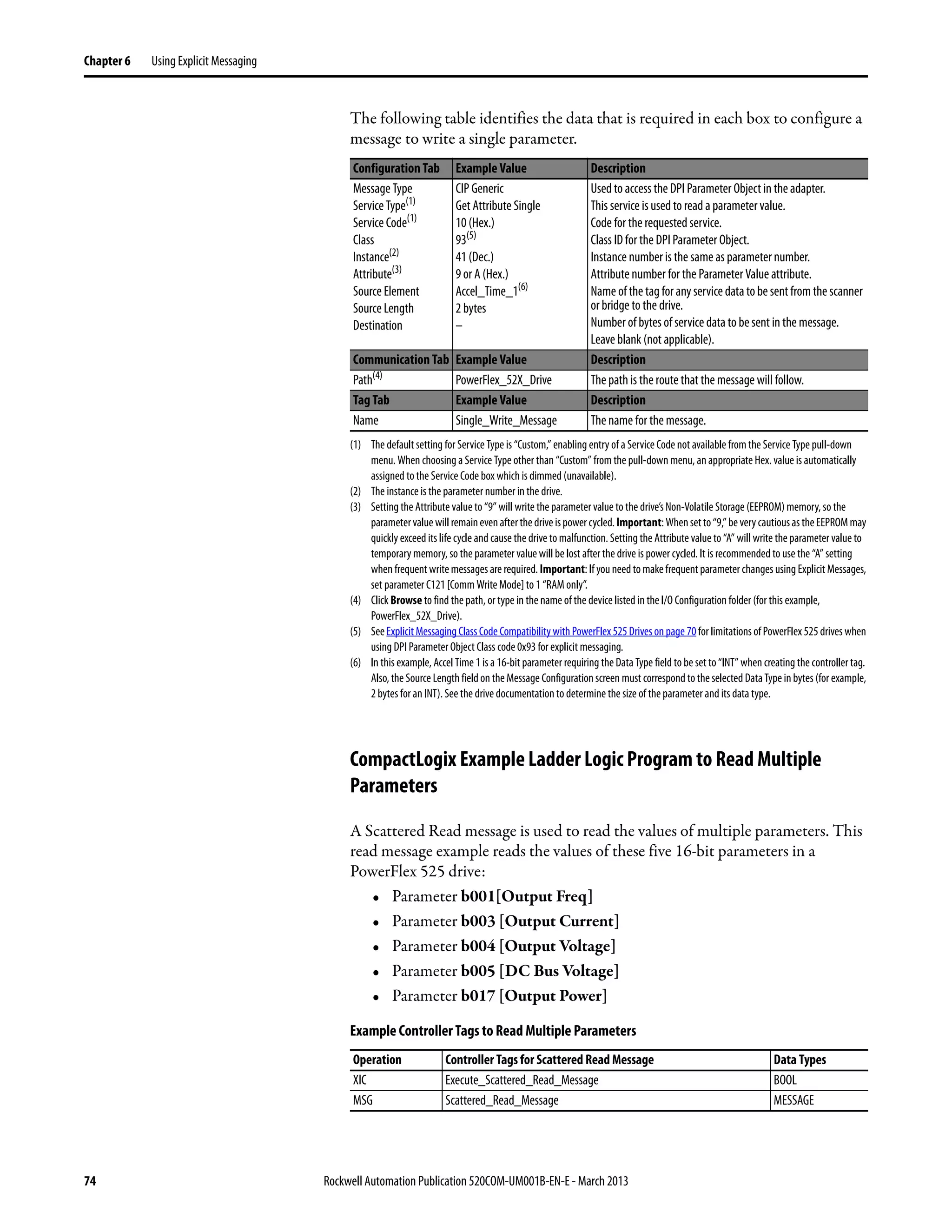 74 Rockwell Automation Publication 520COM-UM001B-EN-E - March 2013
Chapter 6 Using Explicit Messaging
The following table identifies the data that is required in each box to configure a
message to write a single parameter.
CompactLogix Example Ladder Logic Program to Read Multiple
Parameters
A Scattered Read message is used to read the values of multiple parameters. This
read message example reads the values of these five 16-bit parameters in a
PowerFlex 525 drive:
• Parameter b001[Output Freq]
• Parameter b003 [Output Current]
• Parameter b004 [Output Voltage]
• Parameter b005 [DC Bus Voltage]
• Parameter b017 [Output Power]
Example Controller Tags to Read Multiple Parameters
Configuration Tab Example Value Description
Message Type
Service Type(1)
Service Code(1)
Class
Instance(2)
Attribute(3)
Source Element
Source Length
Destination
(1) The default setting for Service Type is “Custom,” enabling entry of a Service Code not available from the Service Type pull-down
menu. When choosing a Service Type other than “Custom” from the pull-down menu, an appropriate Hex. value is automatically
assigned to the Service Code box which is dimmed (unavailable).
(2) The instance is the parameter number in the drive.
(3) Setting the Attribute value to “9” will write the parameter value to the drive’s Non-Volatile Storage (EEPROM) memory, so the
parametervaluewillremainevenafterthedriveispowercycled. Important:Whensetto“9,”bevery cautiousastheEEPROMmay
quickly exceed its life cycle and cause the drive to malfunction. Setting the Attribute value to “A” will write the parameter value to
temporary memory, so the parameter value will be lost after the drive is power cycled. It is recommended to use the “A” setting
when frequentwritemessages are required. Important:If youneedto makefrequent parameterchangesusingExplicitMessages,
set parameter C121 [Comm Write Mode] to 1 “RAM only”.
CIP Generic
Get Attribute Single
10 (Hex.)
93(5)
41 (Dec.)
9 or A (Hex.)
Accel_Time_1(6)
2 bytes
–
(5) SeeExplicit Messaging Class Code Compatibility withPowerFlex525Drives onpage 70forlimitationsofPowerFlex525drives when
using DPI Parameter Object Class code 0x93 for explicit messaging.
(6) In this example, Accel Time 1 is a 16-bit parameter requiring the Data Type field to be set to“INT”when creating the controller tag.
Also,the Source Lengthfieldon theMessage Configurationscreen must correspond to the selectedDataTypein bytes (for example,
2 bytes for an INT).See the drive documentation to determine the size of the parameter and its data type.
Used to access the DPI Parameter Object in the adapter.
This service is used to read a parameter value.
Code for the requested service.
Class ID for the DPI Parameter Object.
Instance number is the same as parameter number.
Attribute number for the Parameter Value attribute.
Name of the tag for any service datato be sent from the scanner
or bridge to the drive.
Number of bytes of service data to be sent in the message.
Leave blank (not applicable).
Communication Tab Example Value Description
Path(4)
(4) Click Browse to find the path, or type in the name of the device listed in the I/O Configuration folder (for this example,
PowerFlex_52X_Drive).
PowerFlex_52X_Drive The path is the route that the message will follow.
Tag Tab Example Value Description
Name Single_Write_Message The name for the message.
Operation Controller Tags for Scattered Read Message Data Types
XIC Execute_Scattered_Read_Message BOOL
MSG Scattered_Read_Message MESSAGE
 