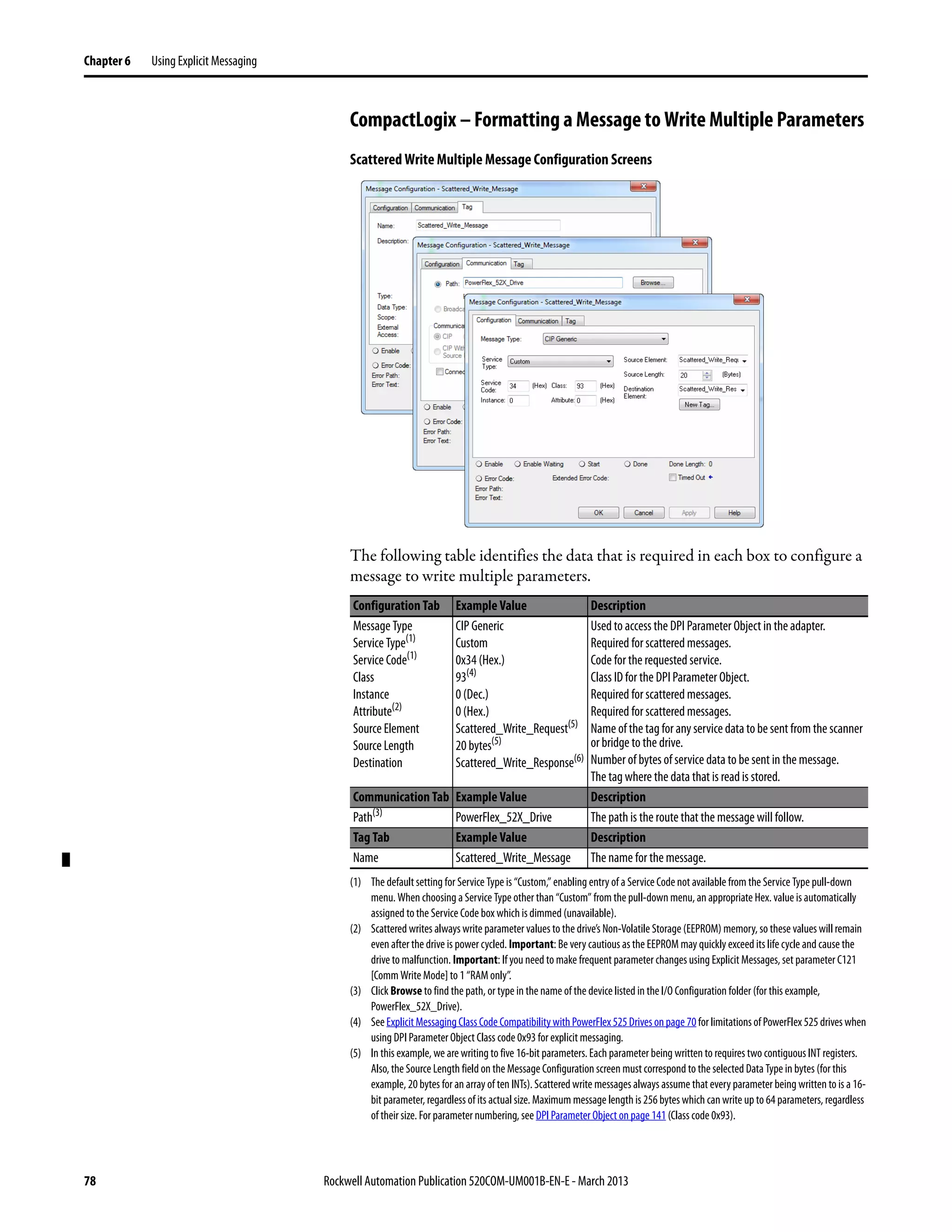 78 Rockwell Automation Publication 520COM-UM001B-EN-E - March 2013
Chapter 6 Using Explicit Messaging
CompactLogix – Formatting a Message to Write Multiple Parameters
Scattered Write Multiple Message Configuration Screens
The following table identifies the data that is required in each box to configure a
message to write multiple parameters.
Configuration Tab Example Value Description
Message Type
Service Type(1)
Service Code(1)
Class
Instance
Attribute(2)
Source Element
Source Length
Destination
(1) The default setting for Service Type is “Custom,” enabling entry of a Service Code not available from the Service Type pull-down
menu. When choosing a Service Type other than “Custom” from the pull-down menu, an appropriate Hex. value is automatically
assigned to the Service Code box which is dimmed (unavailable).
(2) Scattered writes always write parameter values to the drive’s Non-Volatile Storage (EEPROM) memory, so these values will remain
even after the drive is power cycled. Important: Be very cautious as the EEPROM may quickly exceed its life cycle and cause the
drive to malfunction. Important: If you need to make frequent parameter changes using Explicit Messages, set parameter C121
[Comm Write Mode] to 1 “RAM only”.
CIP Generic
Custom
0x34 (Hex.)
93(4)
0 (Dec.)
0 (Hex.)
Scattered_Write_Request(5)
20 bytes(5)
Scattered_Write_Response(6)
(4) SeeExplicit Messaging Class Code Compatibility withPowerFlex525Drives onpage 70forlimitationsofPowerFlex525drives when
using DPI Parameter Object Class code 0x93 for explicit messaging.
(5) In this example, we are writing to five 16-bit parameters. Each parameter being written to requires two contiguous INT registers.
Also, the Source Length field on the Message Configuration screen must correspond to the selected Data Type in bytes (for this
example, 20 bytes for an array of ten INTs). Scattered write messages always assume that every parameter being written to is a 16-
bit parameter, regardless of its actual size. Maximum message length is 256 bytes which can write up to 64 parameters, regardless
of their size. For parameter numbering, see DPI Parameter Object on page 141 (Class code 0x93).
Used to access the DPI Parameter Object in the adapter.
Required for scattered messages.
Code for the requested service.
Class ID for the DPI Parameter Object.
Required for scattered messages.
Required for scattered messages.
Name of the tag for any service datato be sent from the scanner
or bridge to the drive.
Number of bytes of service data to be sent in the message.
The tag where the data that is read is stored.
Communication Tab Example Value Description
Path(3)
(3) Click Browse to find the path, or type in the name of the device listed in the I/O Configuration folder (for this example,
PowerFlex_52X_Drive).
PowerFlex_52X_Drive The path is the route that the message will follow.
Tag Tab Example Value Description
Name Scattered_Write_Message The name for the message.
 