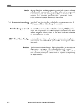 162 Rockwell Automation Publication 520COM-UM001B-EN-E - March 2013
Glossary
Switches Network devices that provide virtual connections that help to control collisions
and reduce traffic on the network. They are able to reduce network congestion by
transmitting packets to an individual port only if they are destined for the
connected device. In a control application, in which real time data access is
critical, network switches may be required in place of hubs.
TCP (Transmission Control Proto-
col)
EtherNet/IP uses this protocol to transfer Explicit Messaging packets using IP.
TCP guarantees delivery of data through the use of retries.
UDP (User Datagram Protocol) EtherNet/IP uses this protocol to transfer I/O packets using IP. UDP provides a
simple, but fast capability to send I/O messaging packets between devices. This
protocol ensures that adapters transmit the most recent data because it does not
use acknowledgements or retries.
UDDT (User-Defined Data Type) A structure data type that you define during the development of an application
(for example, to convert 32-bit REAL parameter data to correctly write and read
their values).
Zero Data When communications are disrupted (for example, a cable is disconnected), the
adapter and drive can respond with zero data. Zero data results in the drive
receiving zero as values for Logic Command, Reference, and Datalink data. If the
drive was running and using the Reference from the adapter, it will stay running
but at zero Reference.
 