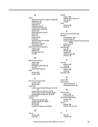 Rockwell Automation Publication 520COM-UM001B-EN-E - March 2013 163
A
adapter
adding the drive to the I/O configuration, 40, 55, 87
applying power, 19
commissioning, 21
components, 11
configuration tools, 23
configuring the IP address, 18
connecting to the network, 18
definition, 157
diagnostic parameters, 34, 112
events, 114
features, 12
parameters, 119
resetting, 34
single-drive/multi-drive mode, 83
specifications, 117
status indicators, 20, 111
troubleshooting, 111
ADC (Automatic Device Configuration)
configuring, 50
definition, 157
monitoring progress, 53
using, 48
B
BOOTP (Bootstrap Protocol)
definition, 157
disabling, 29
downloading a BOOTP utility, 26
using, 26
using the BOOTP utility, 27
bridge
definition, 157
example, 19, 38
C
CIP (Common Industrial Protocol)
connections, 117
definition, 157
CompactLogix
example program for Explicit Messages, 71, 73, 74,
77
example program for multi-drive mode, 99
example program for single-drive mode, 64, 66
formatting Explicit Messages, 72, 73, 75, 78
ControlFLASH, 157
controller
adding to I/O configuration, 38
correlating with the drive, 46, 96
definition, 157
I/O image, 62
saving the I/O configuration, 45, 59, 95
D
data rate
definition, 158
setting, 30
Datalinks
definition, 158
enabling to read/write data, 32
I/O image, 62
using, 63
duplex
definition, 158
setting, 30
E
EDS (Electronic Data Sheet) files, 158
EtherNet/IP
network definition, 158
network example, 19
network example for single-drive/multi-drivemode,
83, 84
network set-up, 17
objects, 125
Explicit Messages
about, 69
definition, 158
examples, 70
multi-drive mode, 107
performing, 70
F
fault action
definition, 158
setting, 33
fault configuration
definition, 158
setting, 33
flash update, 159
G
gateway, 159
gateway address
setting with BOOTP, 26
setting with parameters, 30
H
hardware address
definition, 159
location of label, 27
HIM (Human Interface Module)
definition, 159
using, 25
hold last
definition, 159
setting the fault action, 33
I
I/O
about, 61
configuring, 37
 