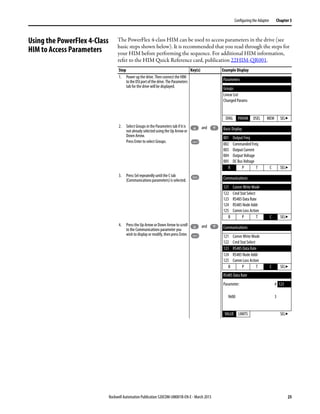 Rockwell Automation Publication 520COM-UM001B-EN-E - March 2013 25
Configuring the Adapter Chapter 3
Using the PowerFlex 4-Class
HIM to Access Parameters
The PowerFlex 4-class HIM can be used to access parameters in the drive (see
basic steps shown below). It is recommended that you read through the steps for
your HIM before performing the sequence. For additional HIM information,
refer to the HIM Quick Reference card, publication 22HIM-QR001.
Step Key(s) Example Display
1. Power up the drive. Then connect the HIM
totheDSIportofthedrive.The Parameters
tab for the drive will be displayed.
2. Select Groups in the Parameters tab if it is
not already selected using the Up Arrow or
Down Arrow.
Press Enter to select Groups.
3. Press Sel repeatedly until the C tab
(Communications parameters) is selected.
4. Press the Up Arrow or Down Arrow to scroll
to the Communications parameter you
wish to display or modify, then press Enter.
Parameters
Groups
Linear List
Changed Params
DIAG PARAM DSEL MEM SEL
and Basic Display
001 Output Freq
002 Commanded Freq
003 Output Current
004 Output Voltage
005 DC Bus Voltage
B P T C SEL
Sel Communications
121 Comm Write Mode
122 Cmd Stat Select
123 RS485 Data Rate
124 RS485 Node Addr
125 Comm Loss Action
B P T C SEL
and Communications
121 Comm Write Mode
122 Cmd Stat Select
123 RS485 Data Rate
124 RS485 Node Addr
125 Comm Loss Action
B P T C SEL
RS485 Data Rate
Parameter: # 123
9600 3
VALUE LIMITS SEL
 