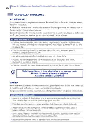 22
Manual de Habilidades para Cuidadores Familiares de Personas Mayores Dependientes
Si aparecen problemas
Estreñimiento
C...