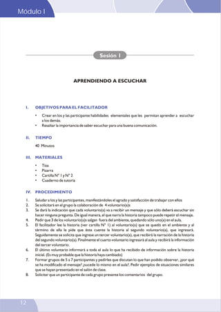 Módulo I
12
I. OBJETIVOS PARA EL FACILITADOR
II. TIEMPO
III. MATERIALES
IV. PROCEDIMIENTO
• Crear en los y las participante habilidades elementales que les permitan aprender a escuchar
a los demás.
• Resaltar la importancia de saber escuchar para una buena comunicación.
40 Minutos
• Tiza
• Pizarra
• Cartilla N° 1 y N° 2
• Cuaderno de tutoría
1. Saludar a los y las participantes, manifestándoles el agrado y satisfacción de trabajar con ellos
2. Se solicitará en el grupo la colaboración de 4 voluntario(a)s
3. Se dará la indicación que cada voluntario(a) va a recibir un mensaje y que sólo deberá escuchar sin
hacer ninguna pregunta. De igual manera, el que narra la historia tampoco puede repetir el mensaje.
4. Pedir que 3 de los voluntario(a)s salgan fuera del ambiente, quedando sólo uno(a) en el aula.
5. El facilitador lee la historia (ver cartilla N° 1) al voluntario(a) que se quedó en el ambiente y al
término de ella le pide que éste cuente la historia al segundo voluntario(a), que ingresará.
Seguidamente se solicita que ingrese un tercer voluntario(a), que recibirá la narración de la historia
del segundo voluntario(a). Finalmente el cuarto voluntario ingresará al aula y recibirá la información
del tercer voluntario.
6. El último voluntario informará a toda el aula lo que ha recibido de información sobre la historia
inicial. (Es muy probable que la historia haya cambiado)
7. Formar grupos de 5 a 7 participantes y pedirles que discutan lo que han podido observar, ¿por qué
se ha modificado el mensaje? ¿sucede lo mismo en el aula?. Pedir ejemplos de situaciones similares
que se hayan presentado en el salón de clase.
8. Solicitar que un participante de cada grupo presente los comentarios del grupo.
Sesión 1
APRENDIENDO A ESCUCHAR
I. OBJETIVOS PARA EL FACILITADOR
II. TIEMPO
III. MATERIALES
IV. PROCEDIMIENTO
• Crear en los y las participante habilidades elementales que les permitan aprender a escuchar
a los demás.
• Resaltar la importancia de saber escuchar para una buena comunicación.
40 Minutos
• Tiza
• Pizarra
• Cartilla N° 1 y N° 2
• Cuaderno de tutoría
1. Saludar a los y las participantes, manifestándoles el agrado y satisfacción de trabajar con ellos
2. Se solicitará en el grupo la colaboración de 4 voluntario(a)s
3. Se dará la indicación que cada voluntario(a) va a recibir un mensaje y que sólo deberá escuchar sin
hacer ninguna pregunta. De igual manera, el que narra la historia tampoco puede repetir el mensaje.
4. Pedir que 3 de los voluntario(a)s salgan fuera del ambiente, quedando sólo uno(a) en el aula.
5. El facilitador lee la historia (ver cartilla N° 1) al voluntario(a) que se quedó en el ambiente y al
término de ella le pide que éste cuente la historia al segundo voluntario(a), que ingresará.
Seguidamente se solicita que ingrese un tercer voluntario(a), que recibirá la narración de la historia
del segundo voluntario(a). Finalmente el cuarto voluntario ingresará al aula y recibirá la información
del tercer voluntario.
6. El último voluntario informará a toda el aula lo que ha recibido de información sobre la historia
inicial. (Es muy probable que la historia haya cambiado)
7. Formar grupos de 5 a 7 participantes y pedirles que discutan lo que han podido observar, ¿por qué
se ha modificado el mensaje? ¿sucede lo mismo en el aula?. Pedir ejemplos de situaciones similares
que se hayan presentado en el salón de clase.
8. Solicitar que un participante de cada grupo presente los comentarios del grupo.
Sesión 1
APRENDIENDO A ESCUCHAR
 