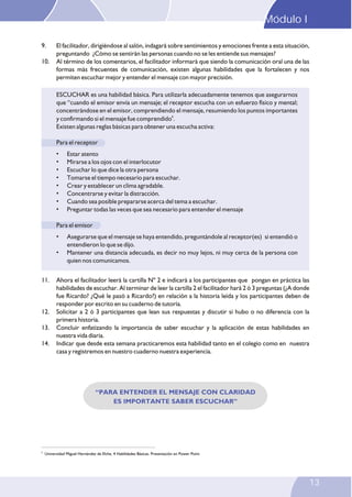 Módulo I
13
11. Ahora el facilitador leerá la cartilla Nº 2 e indicará a los participantes que pongan en práctica las
habilidades de escuchar. Al terminar de leer la cartilla 2 el facilitador hará 2 ó 3 preguntas (¿A donde
fue Ricardo? ¿Qué le pasó a Ricardo?) en relación a la historia leída y los participantes deben de
responder por escrito en su cuaderno de tutoría.
12. Solicitar a 2 ó 3 participantes que lean sus respuestas y discutir si hubo o no diferencia con la
primera historia.
13. Concluir enfatizando la importancia de saber escuchar y la aplicación de estas habilidades en
nuestra vida diaria.
14. Indicar que desde esta semana practicaremos esta habilidad tanto en el colegio como en nuestra
casa y registremos en nuestro cuaderno nuestra experiencia.
6
Universidad Miguel Hernández de Elche. 4 Habilidades Básicas. Presentación en Power Point
“PARA ENTENDER EL MENSAJE CON CLARIDAD
ES IMPORTANTE SABER ESCUCHAR”
ESCUCHAR es una habilidad básica. Para utilizarla adecuadamente tenemos que asegurarnos
que “cuando el emisor envía un mensaje; el receptor escucha con un esfuerzo físico y mental;
concentrándose en el emisor, comprendiendo el mensaje, resumiendo los puntos importantes
6
y confirmando si el mensaje fue comprendido .
Existen algunas reglas básicas para obtener una escucha activa:
Para el receptor
• Estar atento
• Mirarse a los ojos con el interlocutor
• Escuchar lo que dice la otra persona
• Tomarse el tiempo necesario para escuchar.
• Crear y establecer un clima agradable.
• Concentrarse y evitar la distracción.
• Cuando sea posible prepararse acerca del tema a escuchar.
• Preguntar todas las veces que sea necesario para entender el mensaje
Para el emisor
• Asegurarse que el mensaje se haya entendido, preguntándole al receptor(es) si entendió o
entendieron lo que se dijo.
• Mantener una distancia adecuada, es decir no muy lejos, ni muy cerca de la persona con
quien nos comunicamos.
9. El facilitador, dirigiéndose al salón, indagará sobre sentimientos y emociones frente a esta situación,
preguntando ¿Cómo se sentirán las personas cuando no se les entiende sus mensajes?
10. Al término de los comentarios, el facilitador informará que siendo la comunicación oral una de las
formas más frecuentes de comunicación, existen algunas habilidades que la fortalecen y nos
permiten escuchar mejor y entender el mensaje con mayor precisión.
11. Ahora el facilitador leerá la cartilla Nº 2 e indicará a los participantes que pongan en práctica las
habilidades de escuchar. Al terminar de leer la cartilla 2 el facilitador hará 2 ó 3 preguntas (¿A donde
fue Ricardo? ¿Qué le pasó a Ricardo?) en relación a la historia leída y los participantes deben de
responder por escrito en su cuaderno de tutoría.
12. Solicitar a 2 ó 3 participantes que lean sus respuestas y discutir si hubo o no diferencia con la
primera historia.
13. Concluir enfatizando la importancia de saber escuchar y la aplicación de estas habilidades en
nuestra vida diaria.
14. Indicar que desde esta semana practicaremos esta habilidad tanto en el colegio como en nuestra
casa y registremos en nuestro cuaderno nuestra experiencia.
6
Universidad Miguel Hernández de Elche. 4 Habilidades Básicas. Presentación en Power Point
“PARA ENTENDER EL MENSAJE CON CLARIDAD
ES IMPORTANTE SABER ESCUCHAR”
ESCUCHAR es una habilidad básica. Para utilizarla adecuadamente tenemos que asegurarnos
que “cuando el emisor envía un mensaje; el receptor escucha con un esfuerzo físico y mental;
concentrándose en el emisor, comprendiendo el mensaje, resumiendo los puntos importantes
6
y confirmando si el mensaje fue comprendido .
Existen algunas reglas básicas para obtener una escucha activa:
Para el receptor
• Estar atento
• Mirarse a los ojos con el interlocutor
• Escuchar lo que dice la otra persona
• Tomarse el tiempo necesario para escuchar.
• Crear y establecer un clima agradable.
• Concentrarse y evitar la distracción.
• Cuando sea posible prepararse acerca del tema a escuchar.
• Preguntar todas las veces que sea necesario para entender el mensaje
Para el emisor
• Asegurarse que el mensaje se haya entendido, preguntándole al receptor(es) si entendió o
entendieron lo que se dijo.
• Mantener una distancia adecuada, es decir no muy lejos, ni muy cerca de la persona con
quien nos comunicamos.
9. El facilitador, dirigiéndose al salón, indagará sobre sentimientos y emociones frente a esta situación,
preguntando ¿Cómo se sentirán las personas cuando no se les entiende sus mensajes?
10. Al término de los comentarios, el facilitador informará que siendo la comunicación oral una de las
formas más frecuentes de comunicación, existen algunas habilidades que la fortalecen y nos
permiten escuchar mejor y entender el mensaje con mayor precisión.
 