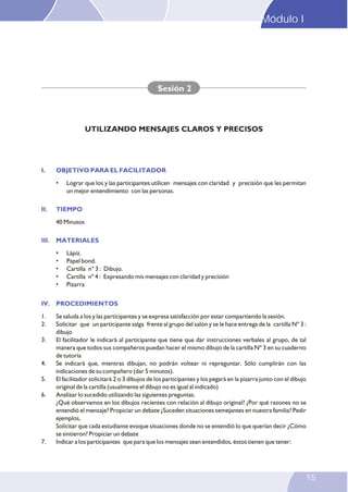 Modulo I
23
I. OBJETIVO PARA EL FACILITADOR
II. TIEMPO
III. MATERIALES
IV. PROCEDIMIENTOS
• Lograr que los y las participantes utilicen mensajes con claridad y precisión que les permitan
un mejor entendimiento con las personas.
40 Minutos
• Lápiz.
• Papel bond.
• Cartilla n° 3 : Dibujo.
• Cartilla nº 4 : Expresando mis mensajes con claridad y precisión
• Pizarra
1. Se saluda a los y las participantes y se expresa satisfacción por estar compartiendo la sesión.
2. Solicitar que un participante salga frente al grupo del salón y se le hace entrega de la cartilla Nº 3 :
dibujo
3. El facilitador le indicará al participante que tiene que dar instrucciones verbales al grupo, de tal
manera que todos sus compañeros puedan hacer el mismo dibujo de la cartilla Nº 3 en su cuaderno
de tutoría
4. Se indicará que, mientras dibujan, no podrán voltear ni repreguntar. Sólo cumplirán con las
indicaciones de su compañero (dar 5 minutos).
5. El facilitador solicitará 2 o 3 dibujos de los participantes y los pegará en la pizarra junto con el dibujo
original de la cartilla (usualmente el dibujo no es igual al indicado)
6. Analizar lo sucedido utilizando las siguientes preguntas.
¿Qué observamos en los dibujos recientes con relación al dibujo original? ¿Por qué razones no se
entendió el mensaje? Propiciar un debate ¿Suceden situaciones semejantes en nuestra familia? Pedir
ejemplos,
Solicitar que cada estudiante evoque situaciones donde no se entendió lo que querían decir ¿Cómo
se sintieron? Propiciar un debate
7. Indicar a los participantes que para que los mensajes sean entendidos, éstos tienen que tener:
Sesión 2
UTILIZANDO MENSAJES CLAROS Y PRECISOS
15
Módulo I
 