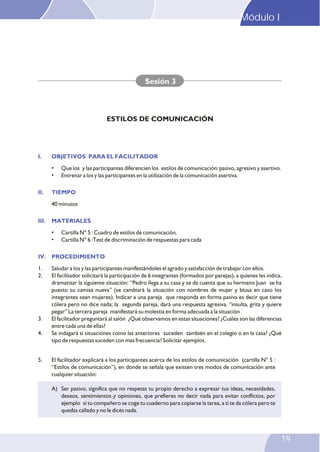 I. OBJETIVOS PARA EL FACILITADOR
II. TIEMPO
III. MATERIALES
IV. PROCEDIMIENTO
• Que los y las participantes diferencien los estilos de comunicación: pasivo, agresivo y asertivo.
• Entrenar a los y las participantes en la utilización de la comunicación asertiva.
40 minutos
• Cartilla N° 5 : Cuadro de estilos de comunicación.
• Cartilla N° 6 :Test de discriminación de respuestas para cada
1. Saludar a los y las participantes manifestándoles el agrado y satisfacción de trabajar con ellos.
2. El facilitador solicitará la participación de 6 integrantes (formados por parejas), a quienes les indica,
dramatizar la siguiente situación: “Pedro llega a su casa y se da cuenta que su hermano Juan se ha
puesto su camisa nueva” (se cambiará la situación con nombres de mujer y blusa en caso los
integrantes sean mujeres). Indicar a una pareja que responda en forma pasiva es decir que tiene
cólera pero no dice nada; la segunda pareja, dará una respuesta agresiva. “insulta, grita y quiere
pegar” La tercera pareja manifestará su molestia en forma adecuada a la situación
3. El facilitador preguntará al salón ¿Qué observamos en estas situaciones? ¿Cuáles son las diferencias
entre cada una de ellas?
4. Se indagará si situaciones como las anteriores suceden también en el colegio o en la casa? ¿Qué
tipo de respuestas suceden con mas frecuencia? Solicitar ejemplos.
Sesión 3
ESTILOS DE COMUNICACIÓN
5. El facilitador explicará a los participantes acerca de los estilos de comunicación (cartilla N° 5 :
“Estilos de comunicación”), en donde se señala que existen tres modos de comunicación ante
cualquier situación:
A) Ser pasivo, significa que no respetas tu propio derecho a expresar tus ideas, necesidades,
deseos, sentimientos y opiniones, que prefieres no decir nada para evitar conflictos, por
ejemplo si tu compañero se coge tu cuaderno para copiarse la tarea, a ti te da cólera pero te
quedas callado y no le dices nada.
Módulo I
19
 