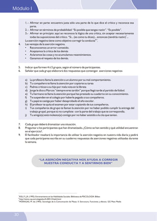 1. - Afirmar en parte: encuentra justa sólo una parte de lo que dice el crítico y reconoce esa
parte.
2. - Afirmar en términos de probabilidad: “Es posible que tengas razón”. “Es posible”.
3.- Afirmar en principio: aquí se reconoce la lógica de una crítica, sin aceptar necesariamente
7
todas las suposiciones del crítico. “Si... (es como tu dices)... entonces (tendrás razón) ...
8, 9
La aserción negativa tiene como objetivo corregir la conducta .
4. Las ventajas de la aserción negativa.
• Reconocemos un error cometido.
• Aceptamos la critica de los demás
• Aclaramos las cosas y no acumulamos resentimientos.
• Ganamos el respeto de los demás.
5. Indicar que formen 4 ó 5 grupos, según el número de participantes.
6. Señalar que cada grupo elaborará dos respuestas que contengan aserciones negativas
a) La profesora llama la atención a un alumno por su mal comportamiento.
b) Tu compañero te llama la atención por copiarte su tarea
c) Padres critican a su hijo por mala nota en la libreta
d) Jorge le dice a Marcos “siempre eres tardón” porque llegó tarde al partido de fútbol.
e) Tu hermano te llama la atención porque has prestado su cuaderno sin su conocimiento.
f) Te suspenden en el colegio por haberle pegado a tus compañeros.
g) Tu papá te castiga por haber desaprobado el año escolar.
h) El profesor te quita el examen por estar copiando de tus compañeros.
i) Tus compañeros de grupo te llaman la atención por no haber podido cumplir la entrega del
trabajo grupal, porque tú no cumpliste con la parte del trabajo que te correspondía.
j) Tu amigo(a) está molesto(a) contigo por no haber asistido a la cita que tenían.
7. Cada grupo deberá dramatizar una situación.
8. Preguntar a los participantes que han dramatizado, ¿Cómo se han sentido y qué utilidad encuentran
en el ejercicio?.
9. El facilitador resaltará la importancia de utilizar la aserción negativa en nuestra vida diaria y pedirá
que cada participante escriba en su cuaderno respuestas de aserciones negativas utilizadas durante
la semana.
7
KELLY, J.A. (1992). Entrenamiento en las Habilidades Sociales. Biblioteca de PSICOLOGÍA. Bilbao
8
http://www.cop.es/colegiados/A-00512/habil.html
9
MORAGAS, M. de (1993). Sociologia de la Comunicación de Masas. II. Estructura, Funciones y efectos. GG Mass Media
“LA ASERCIÓN NEGATIVA NOS AYUDA A CORREGIR
NUESTRA CONDUCTA Y A SENTIRNOS BIEN”
Módulo I
30
 
