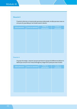 ¿Qué pensarías? ¿Cómo te sentirías?
Cambia tu
pensamiento
Cambia tu
sentimiento
Situación 6
Un grupo de amigos imponen que para pertenecer al grupo de defensores del barrio
habría que consumir licor hasta embriagarse y luego fumar pasta para estar lúcidos.
Situación 5
Cuando le informé a mi enamorado que estoy embarazada, me dijo que esas cosas no
eran para él y que daba por terminada nuestra relación.
¿Qué pensarías? ¿Cómo te sentirías?
Cambia tu
pensamiento
Cambia tu
sentimiento
Módulo III
62
 