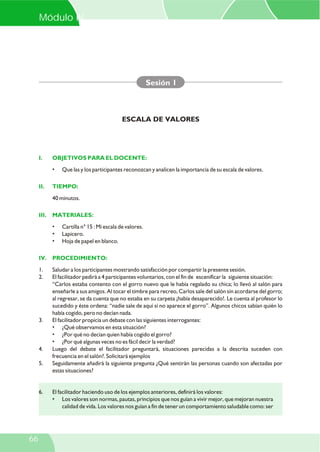I. OBJETIVOS PARA EL DOCENTE:
II. TIEMPO:
III. MATERIALES:
IV. PROCEDIMIENTO:
• Que las y los participantes reconozcan y analicen la importancia de su escala de valores.
40 minutos.
• Cartilla n° 15 : Mi escala de valores.
• Lapicero.
• Hoja de papel en blanco.
1. Saludar a los participantes mostrando satisfacción por compartir la presente sesión.
2. El facilitador pedirá a 4 participantes voluntarios, con el fin de escenificar la siguiente situación:
“Carlos estaba contento con el gorro nuevo que le había regalado su chica; lo llevó al salón para
enseñarle a sus amigos. Al tocar el timbre para recreo, Carlos sale del salón sin acordarse del gorro;
al regresar, se da cuenta que no estaba en su carpeta ¡había desaparecido!. Le cuenta al profesor lo
sucedido y éste ordena: “nadie sale de aquí si no aparece el gorro”. Algunos chicos sabían quién lo
había cogido, pero no decían nada.
3. El facilitador propicia un debate con las siguientes interrogantes:
• ¿Qué observamos en esta situación?
• ¿Por qué no decían quien había cogido el gorro?
• ¿Por qué algunas veces no es fácil decir la verdad?
4. Luego del debate el facilitador preguntará, situaciones parecidas a la descrita suceden con
frecuencia en el salón?. Solicitará ejemplos
5. Seguidamente añadirá la siguiente pregunta ¿Qué sentirán las personas cuando son afectadas por
estas situaciones?
Sesión 1
ESCALA DE VALORES
6. El facilitador haciendo uso de los ejemplos anteriores, definirá los valores:
• Los valores son normas, pautas, principios que nos guían a vivir mejor, que mejoran nuestra
calidad de vida. Los valores nos guían a fin de tener un comportamiento saludable como: ser
Módulo IV
66
 