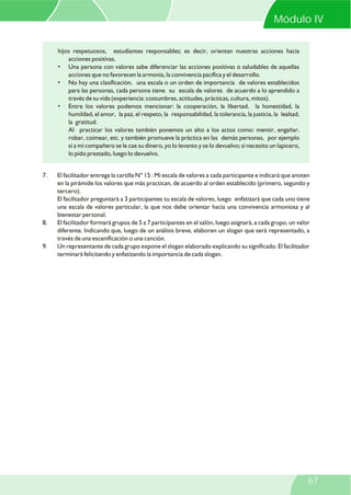 hijos respetuosos, estudiantes responsables; es decir, orientan nuestras acciones hacia
acciones positivas.
• Una persona con valores sabe diferenciar las acciones positivas o saludables de aquellas
acciones que no favorecen la armonía, la convivencia pacífica y el desarrollo.
• No hay una clasificación, una escala o un orden de importancia de valores establecidos
para las personas, cada persona tiene su escala de valores de acuerdo a lo aprendido a
través de su vida (experiencia: costumbres, actitudes, prácticas, cultura, mitos).
• Entre los valores podemos mencionar: la cooperación, la libertad, la honestidad, la
humildad, el amor, la paz, el respeto, la responsabilidad, la tolerancia, la justicia, la lealtad,
la gratitud.
Al practicar los valores también ponemos un alto a los actos como: mentir, engañar,
robar, coimear, etc. y también promueve la práctica en las demás personas, por ejemplo
si a mi compañero se le cae su dinero, yo lo levanto y se lo devuelvo; si necesito un lapicero,
lo pido prestado, luego lo devuelvo.
7. El facilitador entrega la cartilla N° 15 : Mi escala de valores a cada participante e indicará que anoten
en la pirámide los valores que más practican, de acuerdo al orden establecido (primero, segundo y
tercero).
El facilitador preguntará a 3 participantes su escala de valores, luego enfatizará que cada uno tiene
una escala de valores particular, la que nos debe orientar hacia una convivencia armoniosa y al
bienestar personal.
8. El facilitador formará grupos de 5 a 7 participantes en el salón, luego asignará, a cada grupo, un valor
diferente. Indicando que, luego de un análisis breve, elaboren un slogan que será representado, a
través de una escenificación o una canción.
9. Un representante de cada grupo expone el slogan elaborado explicando su significado. El facilitador
terminará felicitando y enfatizando la importancia de cada slogan.
Módulo IV
67
 