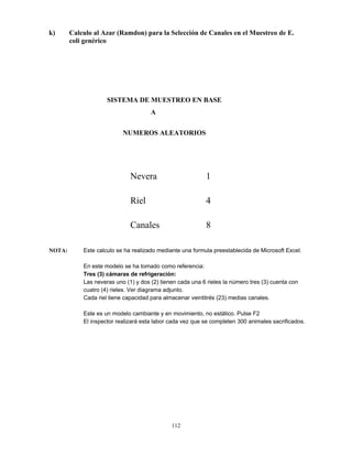 112
k) Calculo al Azar (Ramdon) para la Selección de Canales en el Muestreo de E.
coli genérico
SISTEMA DE MUESTREO EN BASE
A
NUMEROS ALEATORIOS
Nevera 1
Riel 4
Canales 8
NOTA: Este calculo se ha realizado mediante una formula preestablecida de Microsoft Excel.
En este modelo se ha tomado como referencia:
Tres (3) cámaras de refrigeración:
Las neveras uno (1) y dos (2) tienen cada una 6 rieles la número tres (3) cuenta con
cuatro (4) rieles. Ver diagrama adjunto.
Cada riel tiene capacidad para almacenar veintitrés (23) medias canales.
Este es un modelo cambiante y en movimiento, no estático. Pulse F2
El inspector realizará esta labor cada vez que se completen 300 animales sacrificados.
 