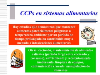 CCPs en sistemas alimentarios
Hay estudios que demuestran que mantener
alimentos potencialmente peligrosos a
temperatura ambiente por un período de
tiempo prolongado ha contribuido muy a
menudo a intoxicaciones alimentarias
Otras: cocinado, mantenimiento de alimentos
calientes (periodo largo entre cocinado y
consumo), enfriamiento y recalentamiento
inadecuado, limpieza de equipos,
contaminación cruzada, manipulación de
alimentos
 