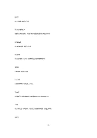 RECV

RECEBER ARQUIVO



REMOTEHELP

OBTER AJUDA A PARTIR DO SERVIDOR REMOTO



RENAME

RENOMEAR ARQUIVO



RMDIR

REMOVER PASTA DA MÁQUINA REMOTA



SEND

ENVIAR ARQUIVO



STATUS

MOSTRAR STATUS ATUAL



TRACE

LIGAR/DESLIGAR RASTREAMENTO DE PACOTES



TYPE

DEFINIR O TIPO DE TRANSFERÊNCIA DE ARQUIVOS



USER



                                      31
 