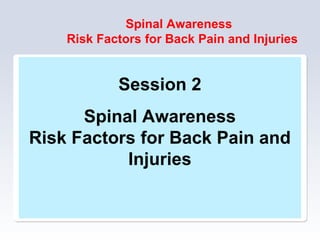 Spinal Awareness
Risk Factors for Back Pain and Injuries
Session 2
Spinal Awareness
Risk Factors for Back Pain and
Injuries
 