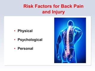 Risk Factors for Back Pain
and Injury
• Physical
• Psychological
• Personal
 