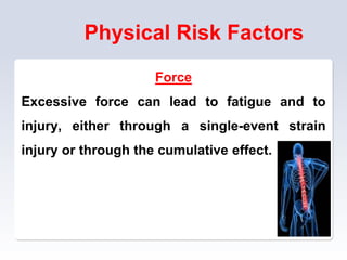 Physical Risk Factors
Force
Excessive force can lead to fatigue and to
injury, either through a single-event strain
injury or through the cumulative effect.
 