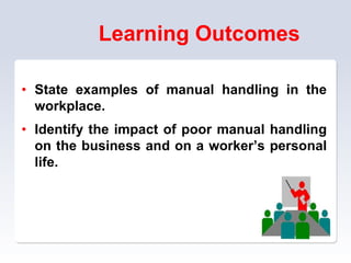 Learning Outcomes
• State examples of manual handling in the
workplace.
• Identify the impact of poor manual handling
on the business and on a worker’s personal
life.
 