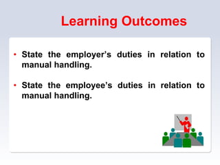 Learning Outcomes
• State the employer’s duties in relation to
manual handling.
• State the employee’s duties in relation to
manual handling.
 