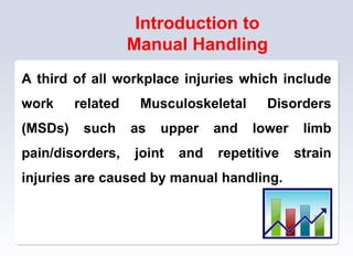 Introduction to
Manual Handling
A third of all workplace injuries which include
work related Musculoskeletal Disorders
(MSDs) such as upper and lower limb
pain/disorders, joint and repetitive strain
injuries are caused by manual handling.
 