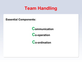 Team Handling
Essential Components:
Communication
Co-operation
Co-ordination
 