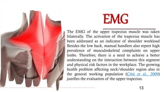 ALPINE SKI HOUSE
The EMG of the upper trapezius muscle was taken
bilaterally. The activation of the trapezius muscle has
been addressed as an indicator of shoulder workload
Besides the low back, manual handlers also report high
prevalence of musculoskeletal complaints on upper
limbs. Therefore, there is a need to achieve a better
understanding on the interaction between this segment
and physical risk factors in the workplace. The growing
health problem affecting neck/shoulder region also in
the general working population (Côté et al., 2009)
justifies the evaluation of the upper trapezius.
13
EMG
 